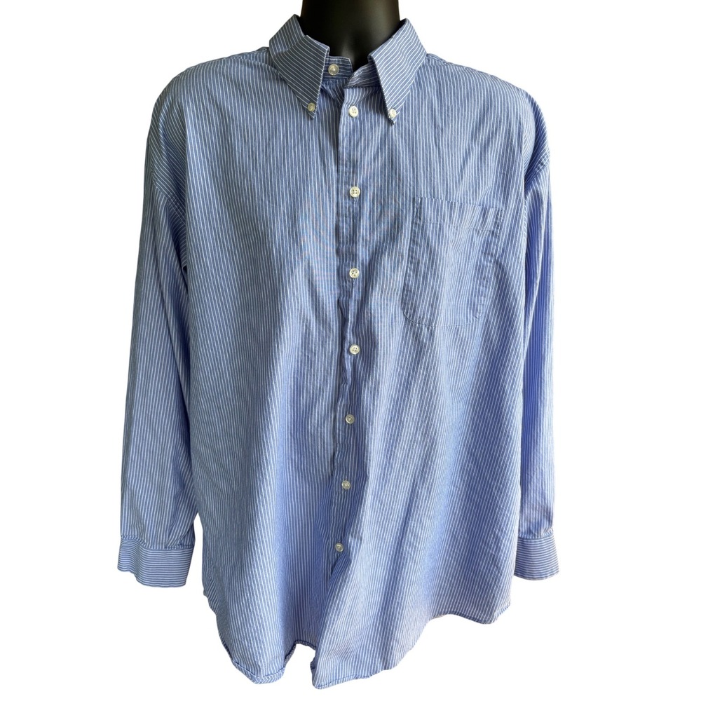 Nautica Mens Blue White Pinstripe Button Down Shirt 100% Cotton Size 18 34/35